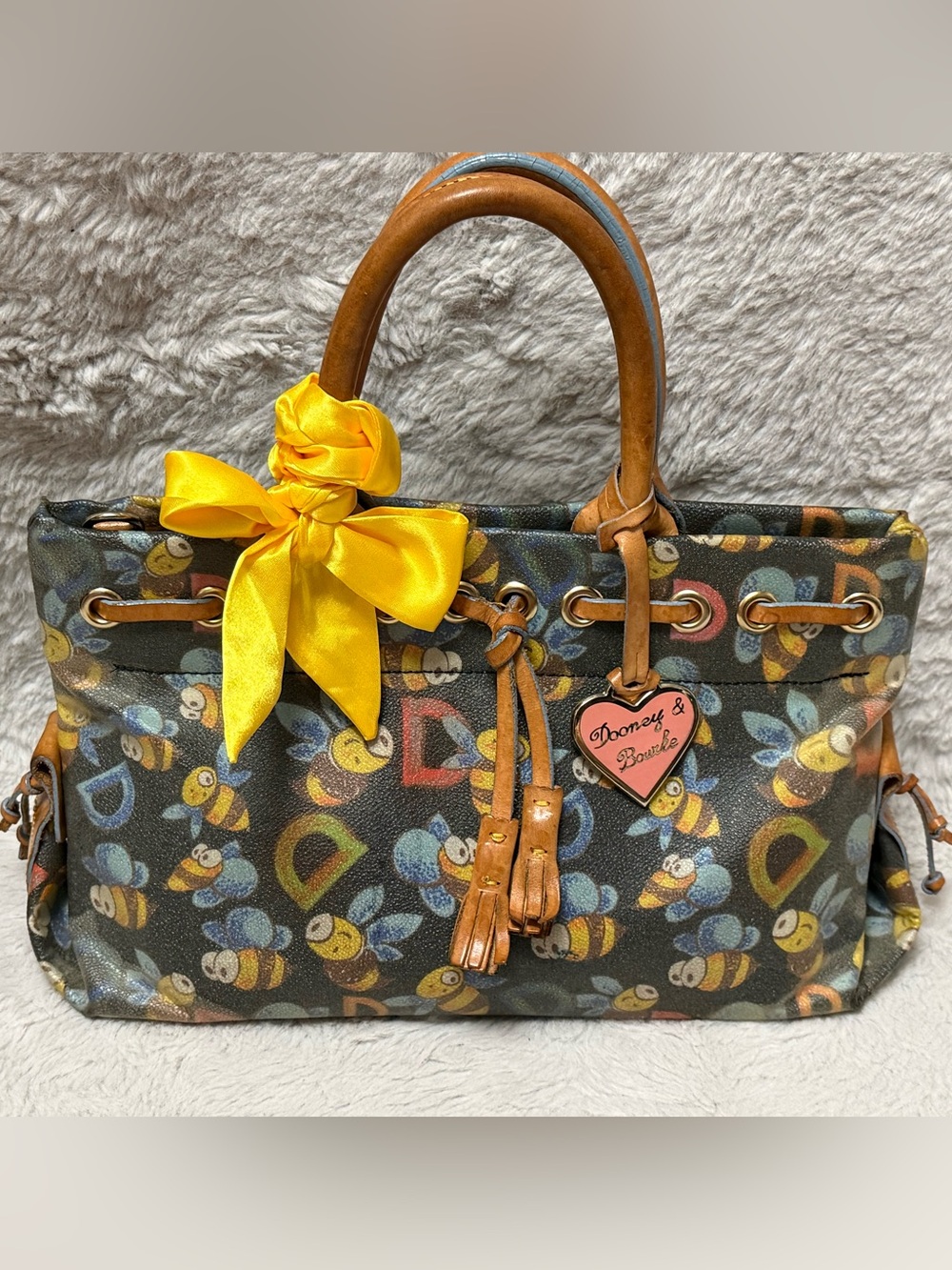 Dooney & Bourke Black Bee Print Satchel with Yellow Bow - Picture 2 of 9